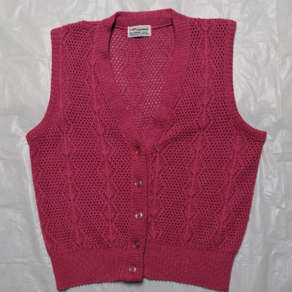 Nan Dorsey Vintage 90s Pink Knit Cottagecore Grandma Sweater Vest Sz Sm